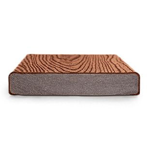 Textured brown composite decking board with wood grain design, shown from the side to highlight thickness and material makeup.