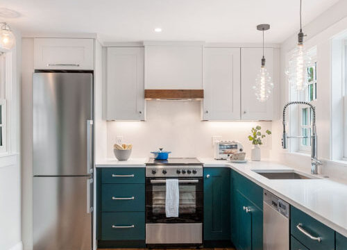 Modern kitchen with blue cabinets, stainless steel appliances, wooden floor, and decorative rug.