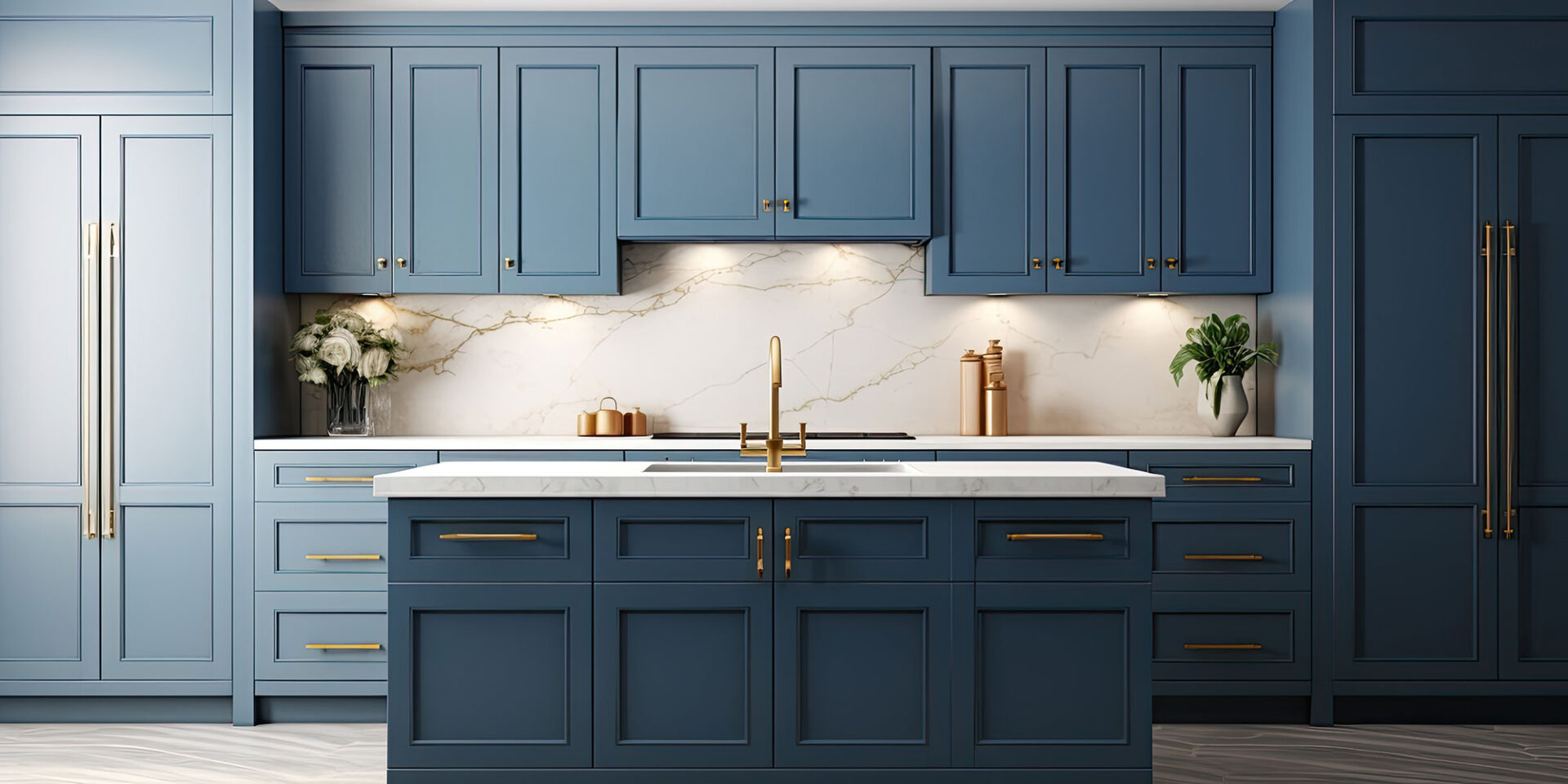 A blue themed kitchen has a countertop sink in the center.
