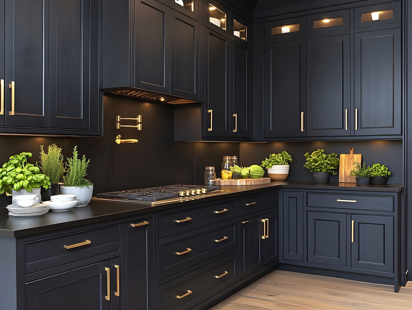 Modern kitchen with dark cabinets, gold handles, black countertops, and potted plants.