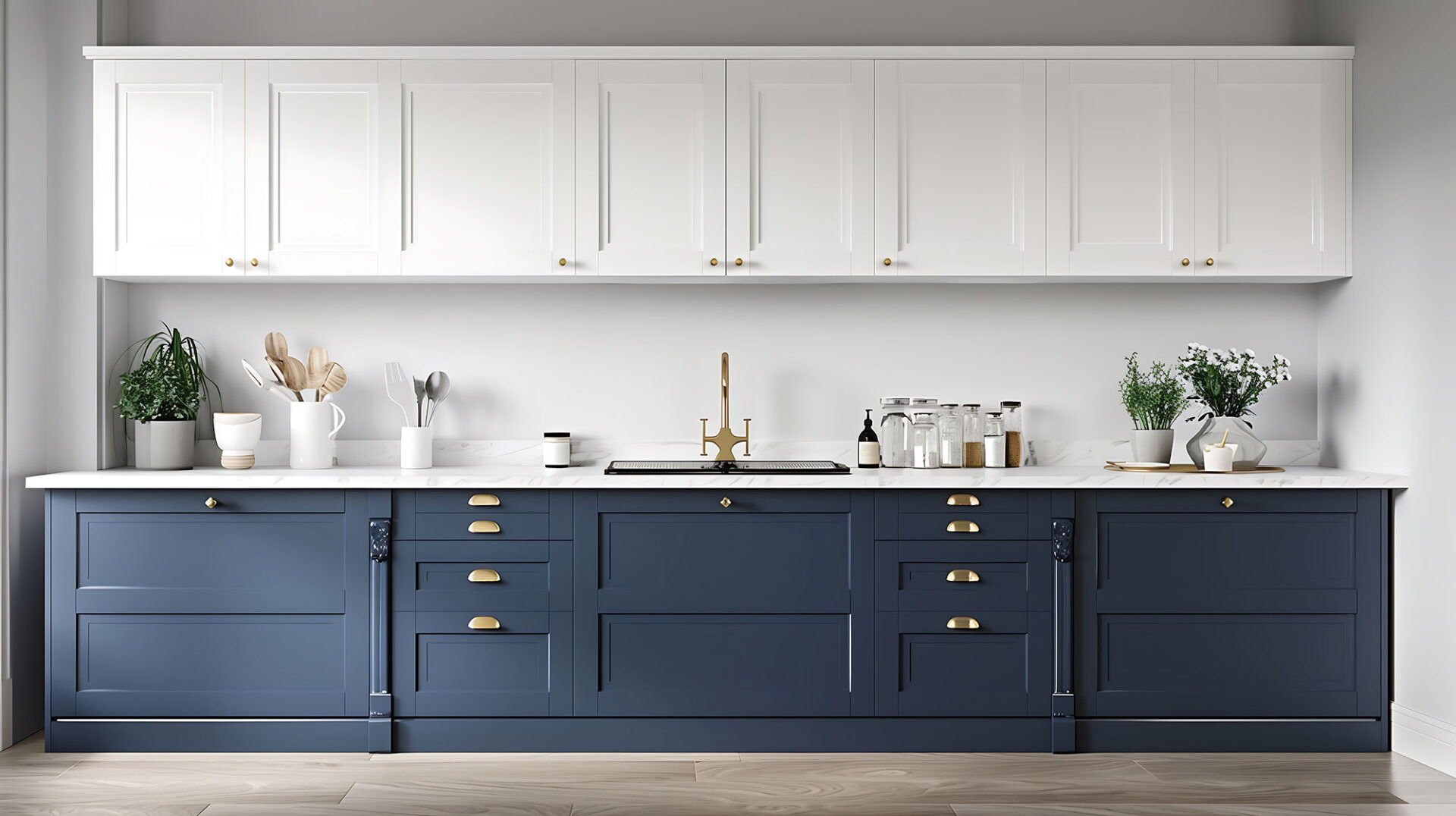 Modern kitchen with white upper cabinets, navy lower cabinets, gold handles, marble countertop, and brass faucet.