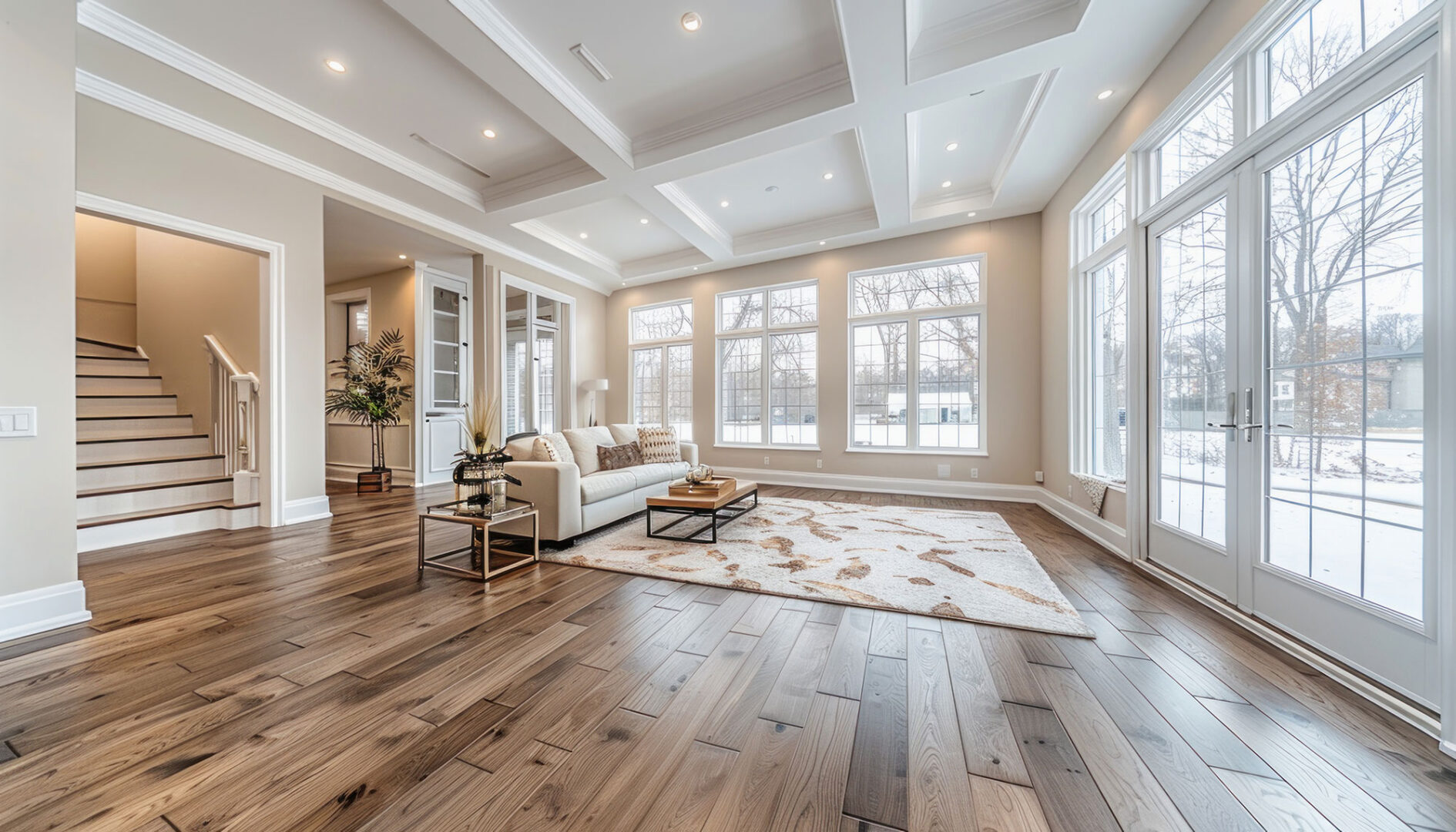 Spacious living room with large windows, hardwood floors, and white contemporary furniture.