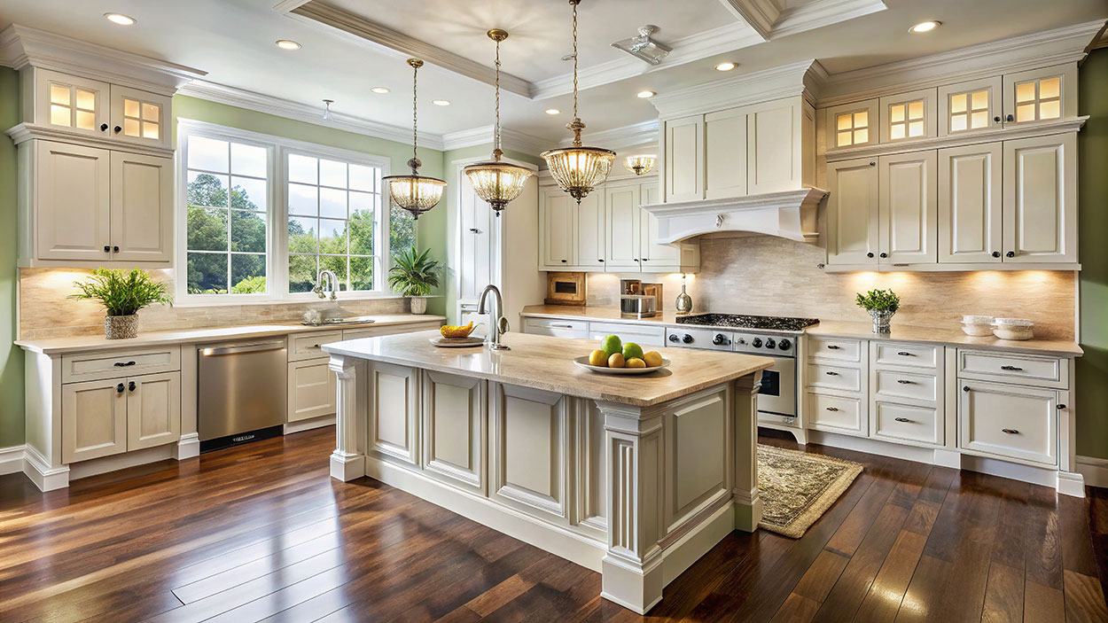 Spacious kitchen with cream cabinets, marble island, stainless steel appliances, and large windows.