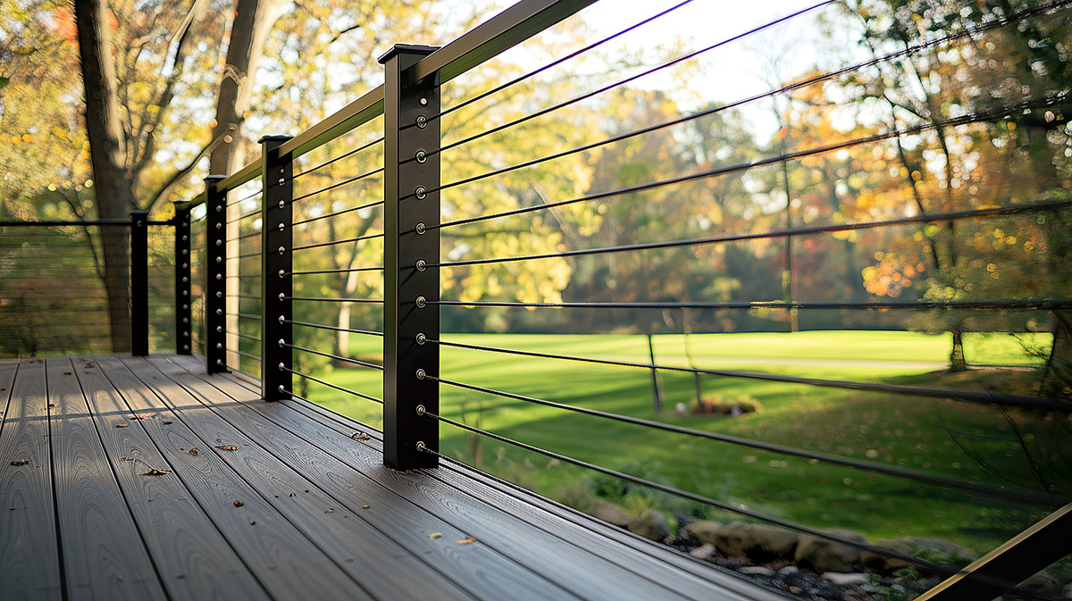 Modern railing with cable design on a wooden deck overlooking a sunny, green lawn and autumn trees.